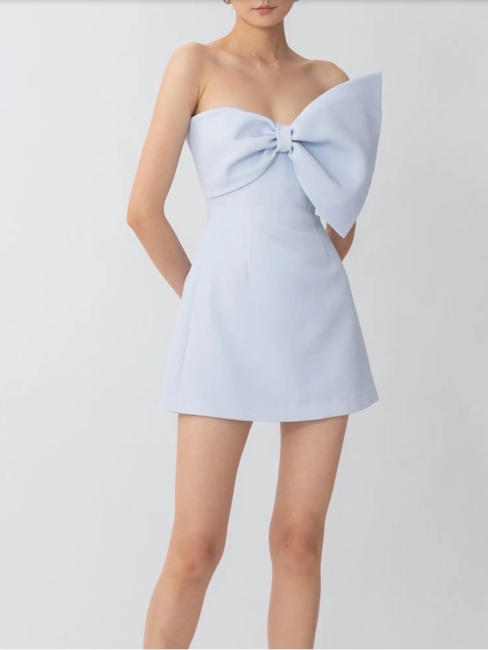 Sau Lee Strapless Mini Dress with Sculpted Bow in Light Blue - Picture 3 of 7